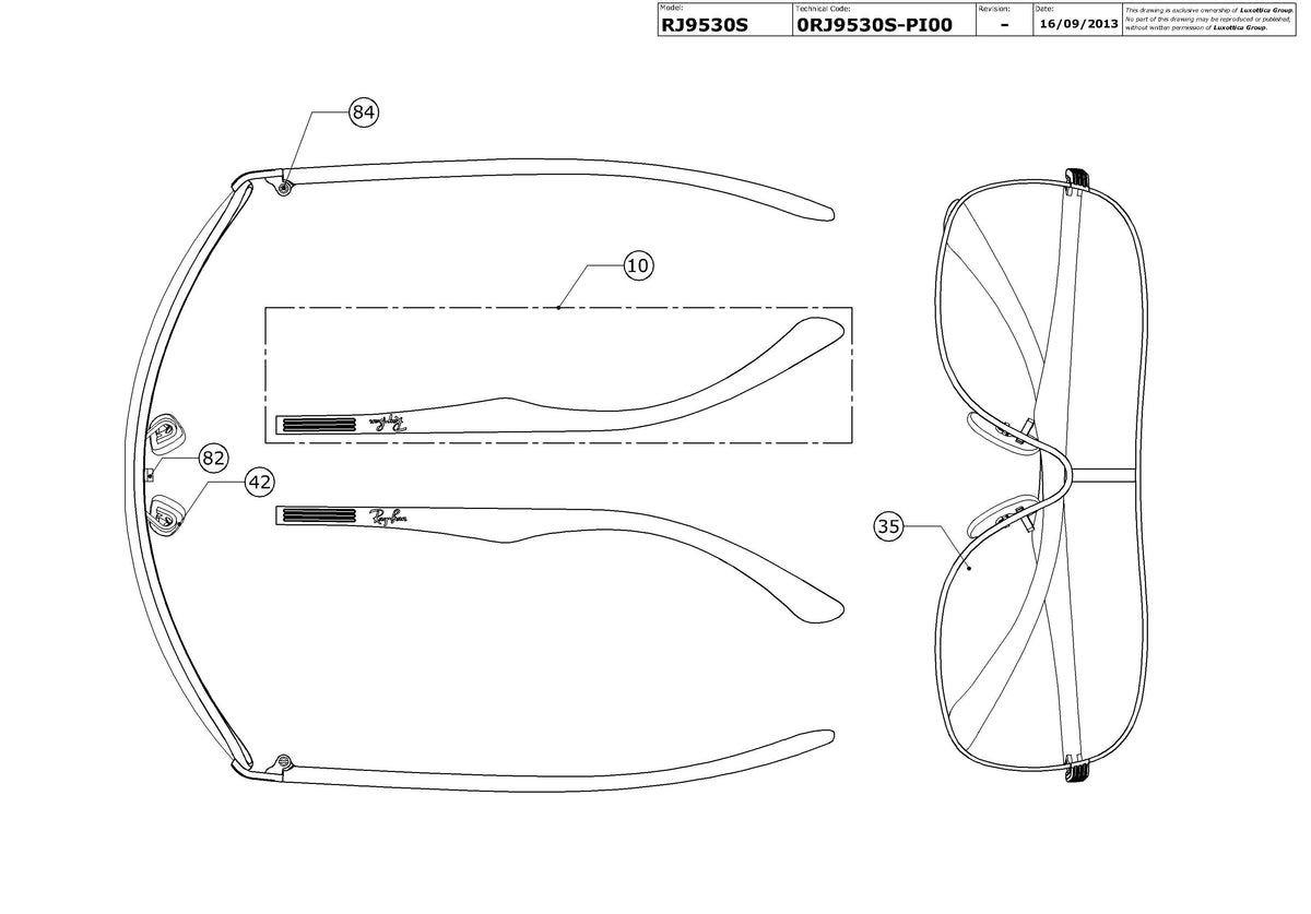 Exploded technical drawing of the Ray-Ban Junior RJ9530S Replacement Parts, with each replacement part numbered