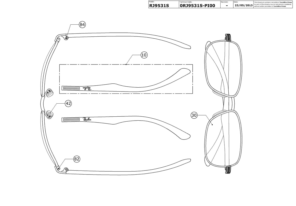 Exploded technical drawing of the Ray-Ban Junior RJ9531S Replacement Parts, with each replacement part numbered