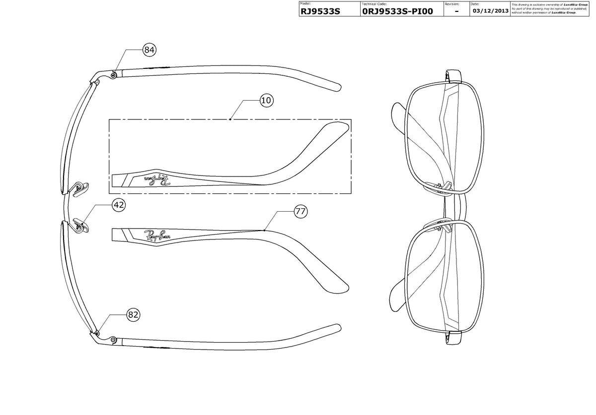 Exploded technical drawing of the Ray-Ban Junior RJ9533S Replacement Parts, with each replacement part numbered