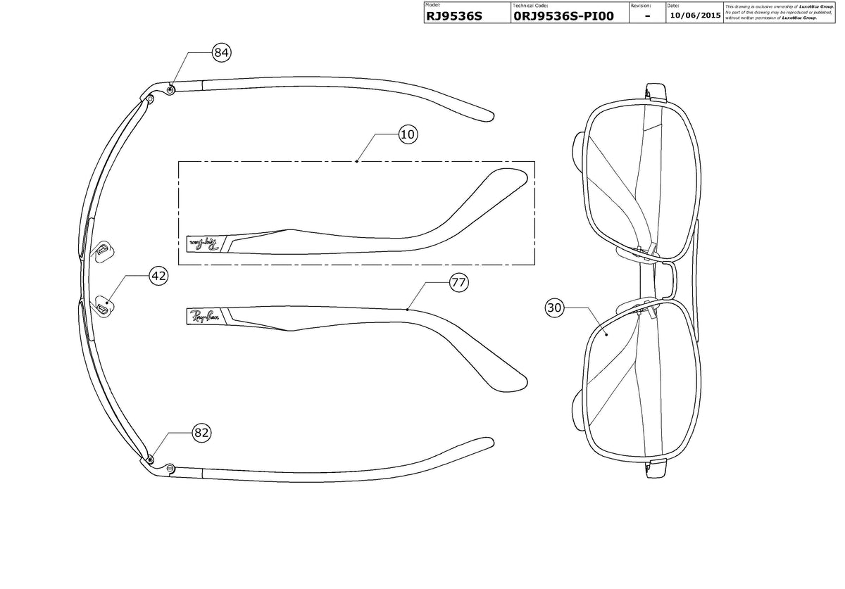 Exploded technical drawing of the Ray-Ban Junior RJ9536S Replacement Parts, with each replacement part numbered