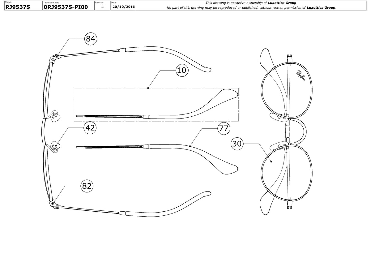 Enlarged technical drawing of the Ray-Ban Junior Round RJ9537S Replacement Parts