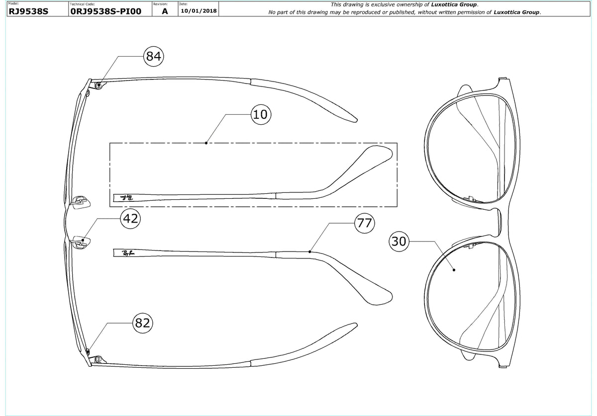 Enlarged technical drawing of the Ray-Ban Junior Erika Metal RJ9538S Replacement Parts
