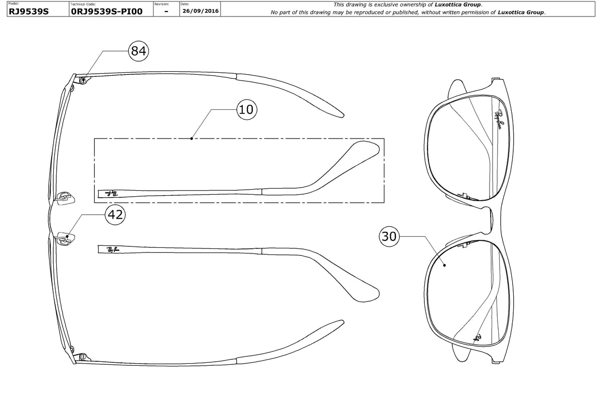 Exploded technical drawing of the Ray-Ban Junior RJ9539S Replacement Parts, with each replacement part numbered