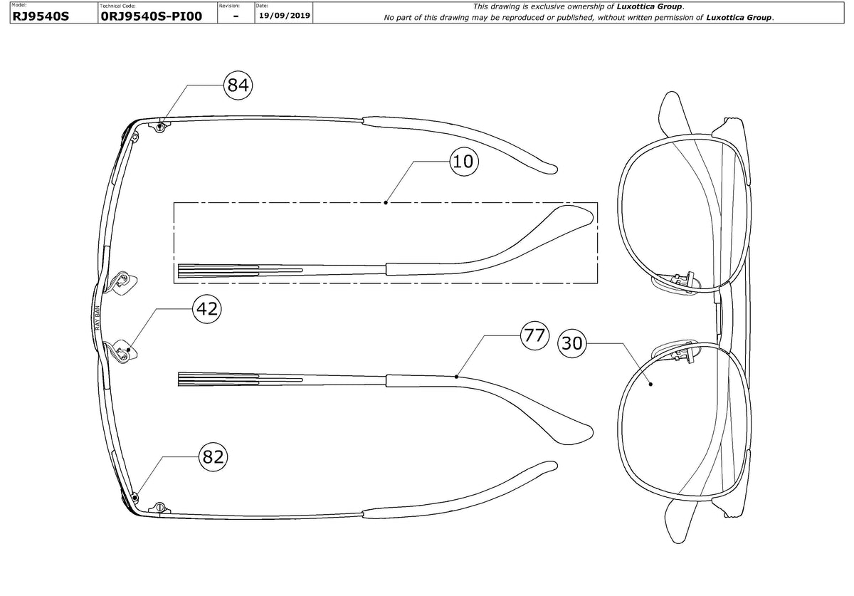 Exploded technical drawing of the Ray-Ban Junior RJ9540S Replacement Parts, with each replacement part numbered