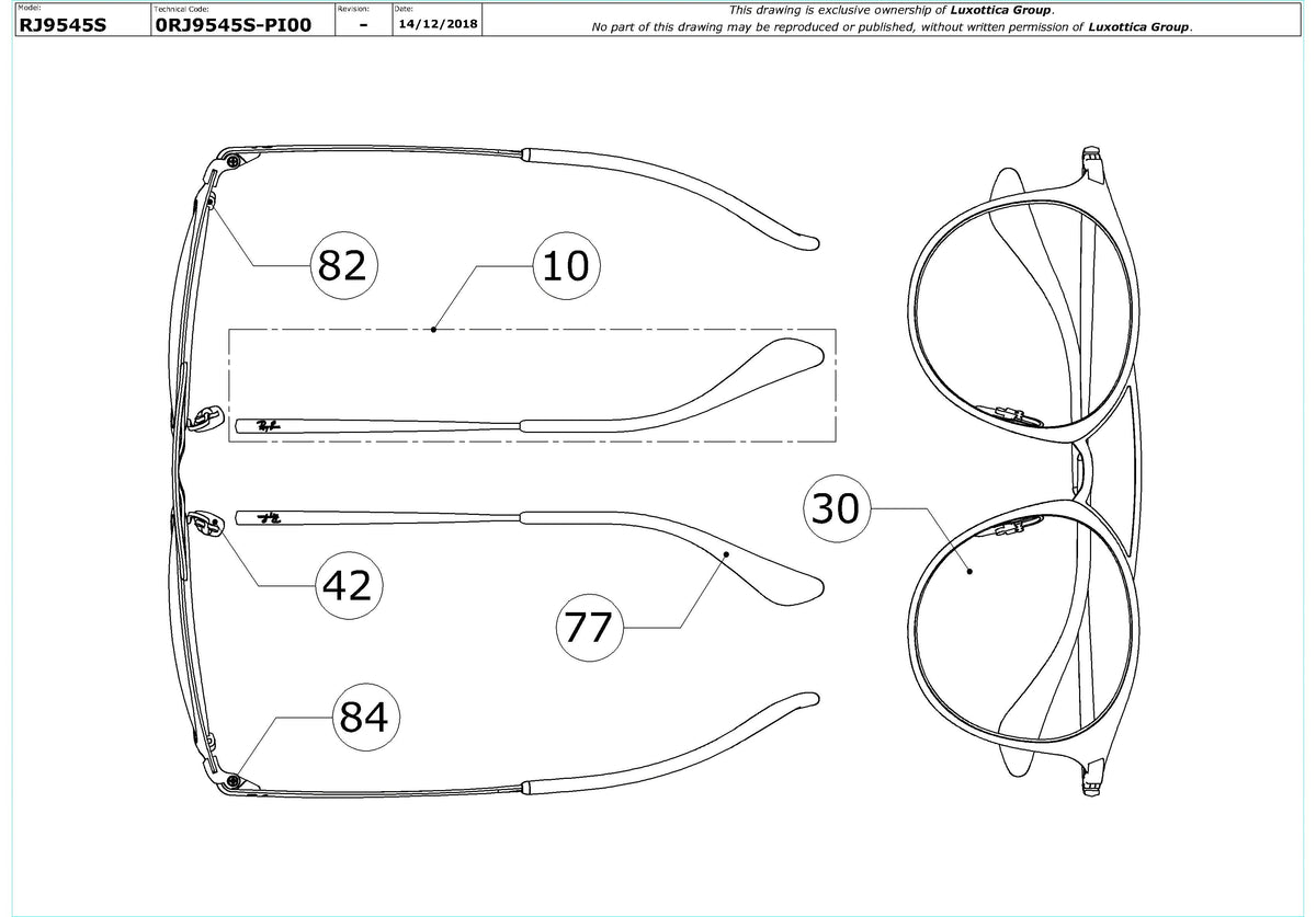 Exploded technical drawing of the Ray-Ban Junior RJ9545S Replacement Parts, with each replacement part numbered