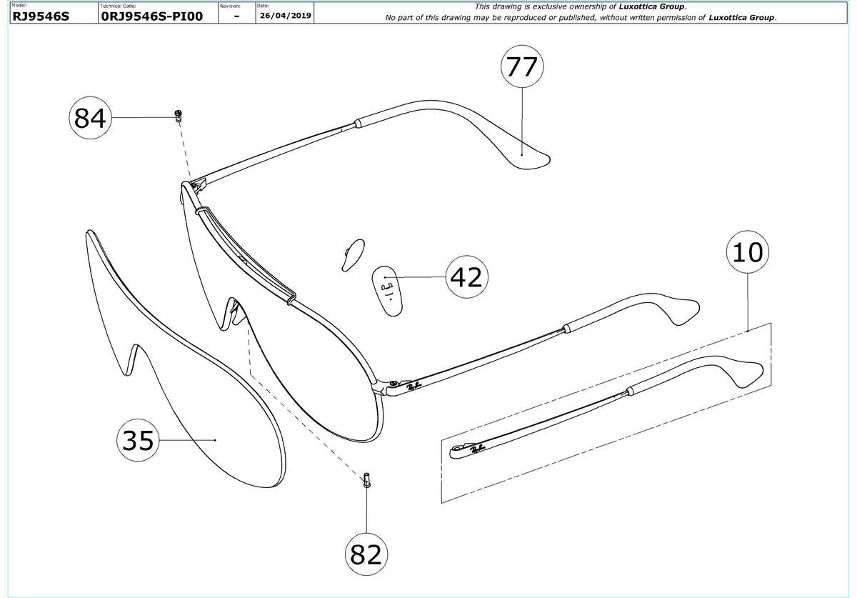 Exploded technical drawing of the Ray-Ban Junior RJ9546S Replacement Parts, with each replacement part numbered