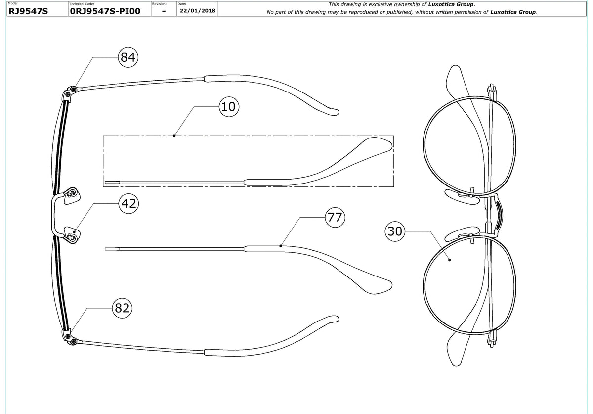 Enlarged technical drawing of the Ray-Ban Junior Round RJ9547S Replacement Parts