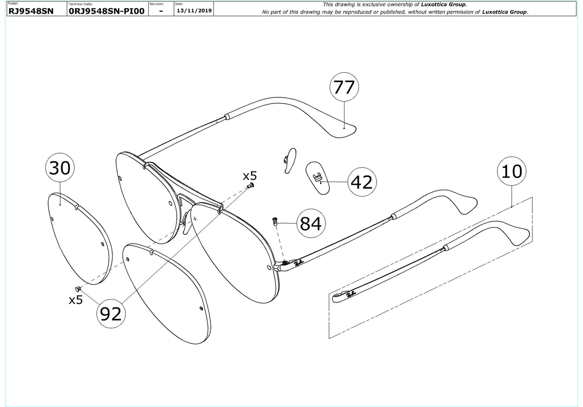 Exploded technical drawing of the Ray-Ban Junior Aviator RJ9548SN Replacement Parts, with each replacement part numbered