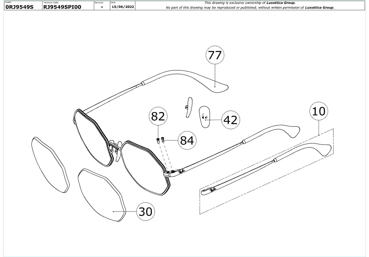 Exploded technical drawing of the Ray-Ban Junior RJ9549S Replacement Parts, with each replacement part numbered