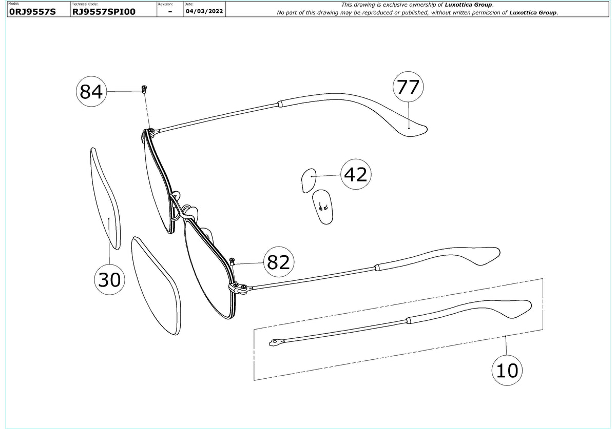 Enlarged technical drawing of the Ray-Ban Junior Frank RJ9557S Replacement Parts