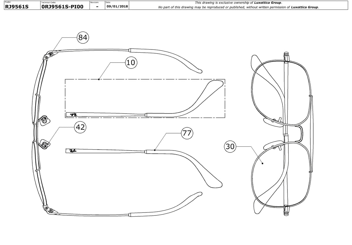 Enlarged technical drawing of the Ray-Ban Junior The General RJ9561S Replacement Parts