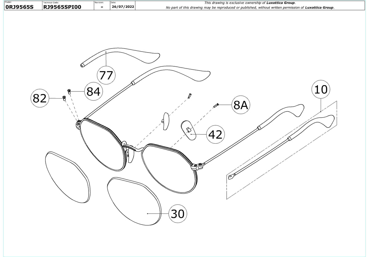 Exploded technical drawing of the Ray-Ban Junior Jack RJ9565S Replacement Parts, with each replacement part numbered
