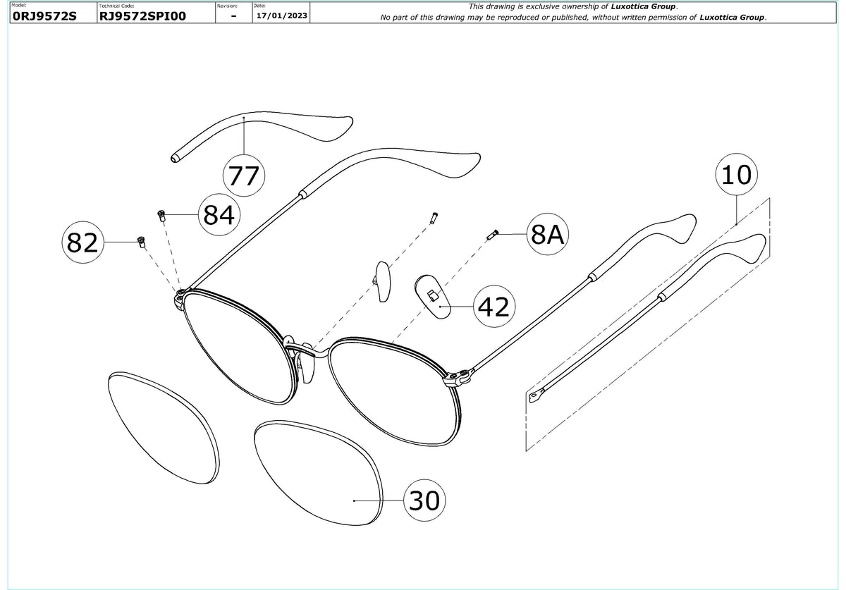 Enlarged technical drawing of the Ray-Ban Junior Rob RJ9572S Replacement Parts