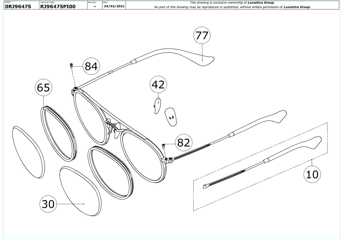 Enlarged technical drawing of the Ray-Ban Junior RJ9647S Replacement Parts