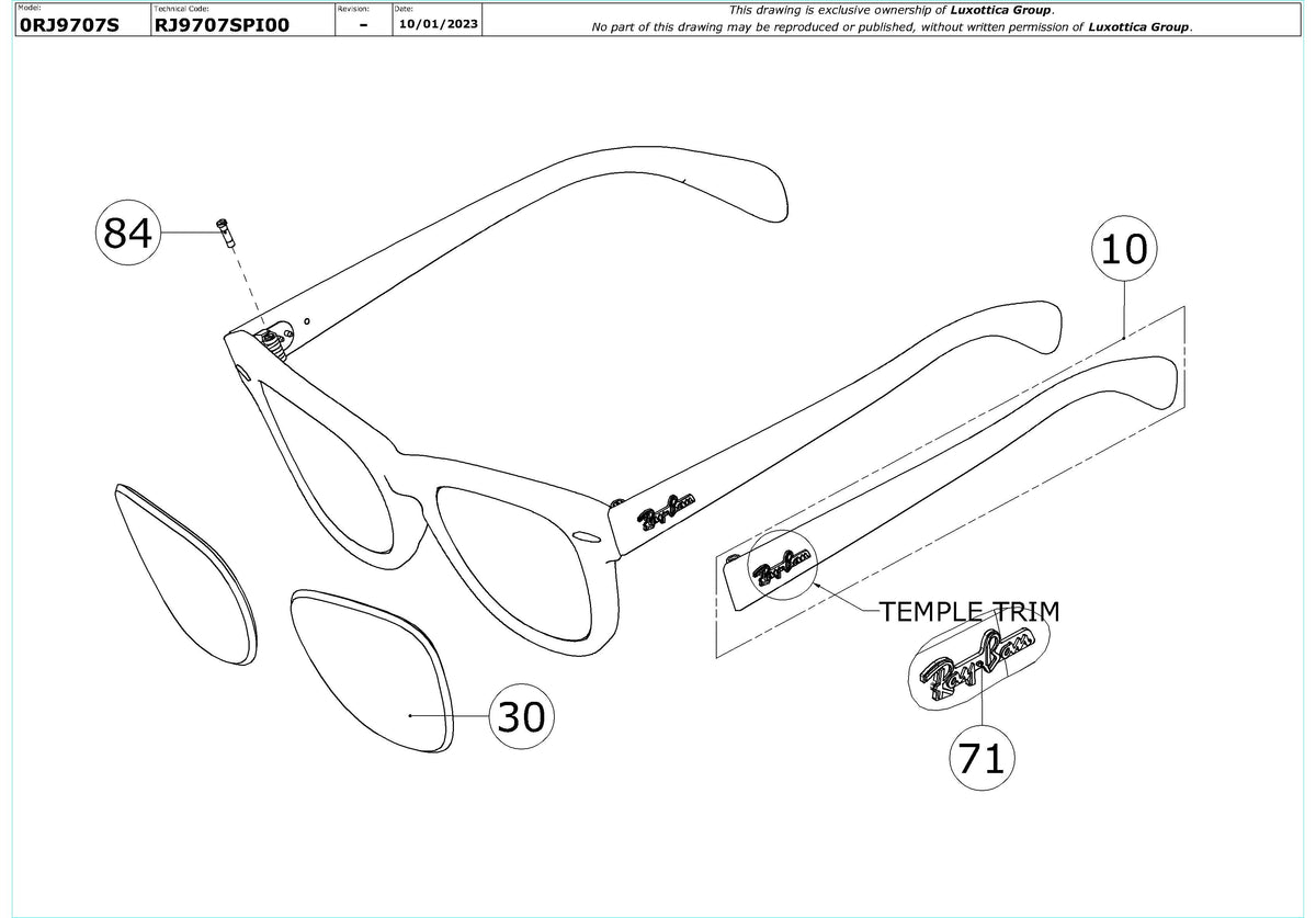 Enlarged technical drawing of the Ray-Ban Junior RJ9707S Replacement Parts