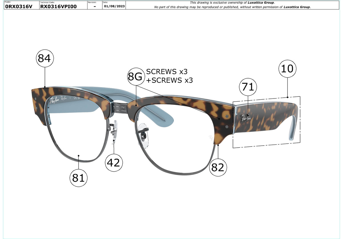 Enlarged technical drawing of the Ray-Ban Mega Clubmaster RX0316V Glasses Replacement Parts