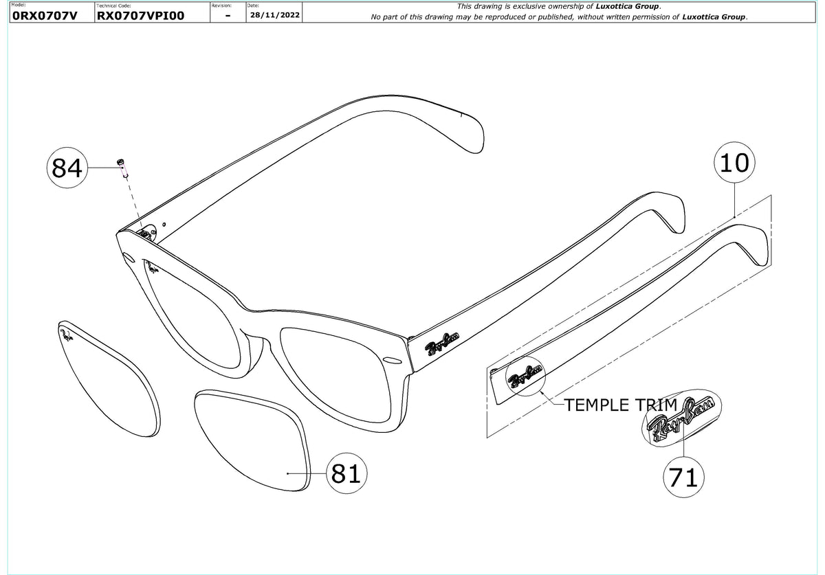 Enlarged technical drawing of the Ray-Ban RX0707V Glasses Replacement Parts