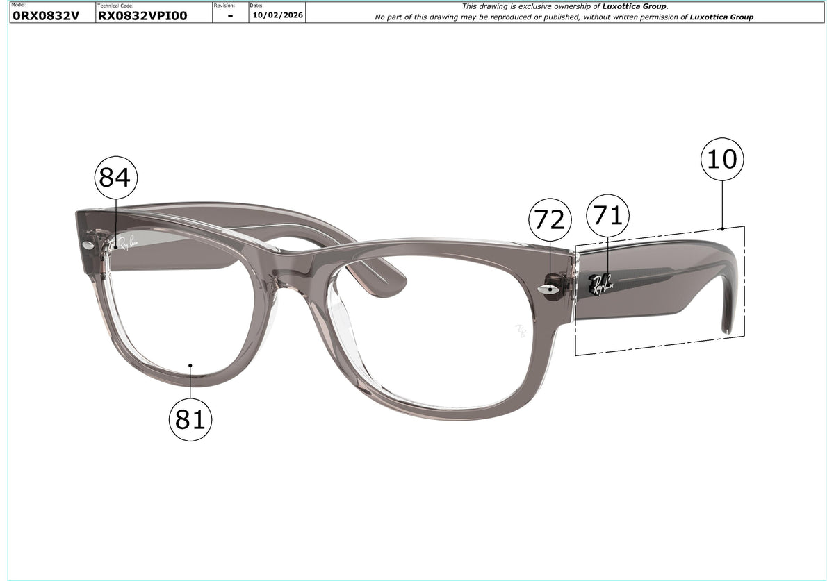 Enlarged technical drawing of the Ray-Ban Mega Wayfarer II RX0832V Glasses Replacement Parts