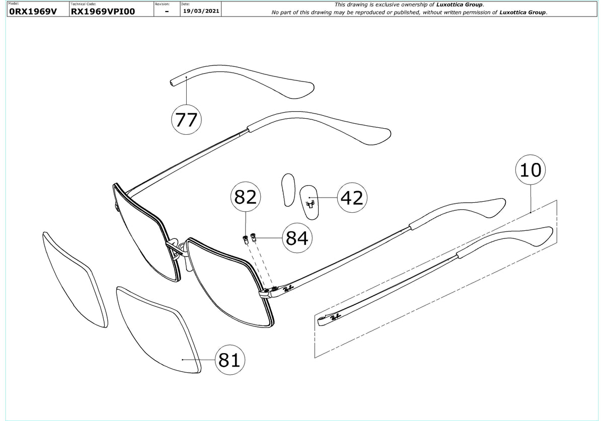 Enlarged technical drawing of the Ray-Ban Rectangle RX1969V Glasses Replacement Parts