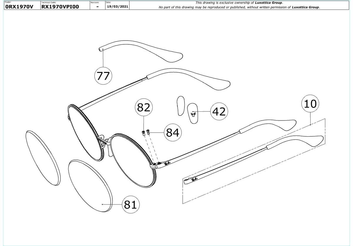 Enlarged technical drawing of the Ray-Ban Oval RX1970V Glasses Replacement Parts