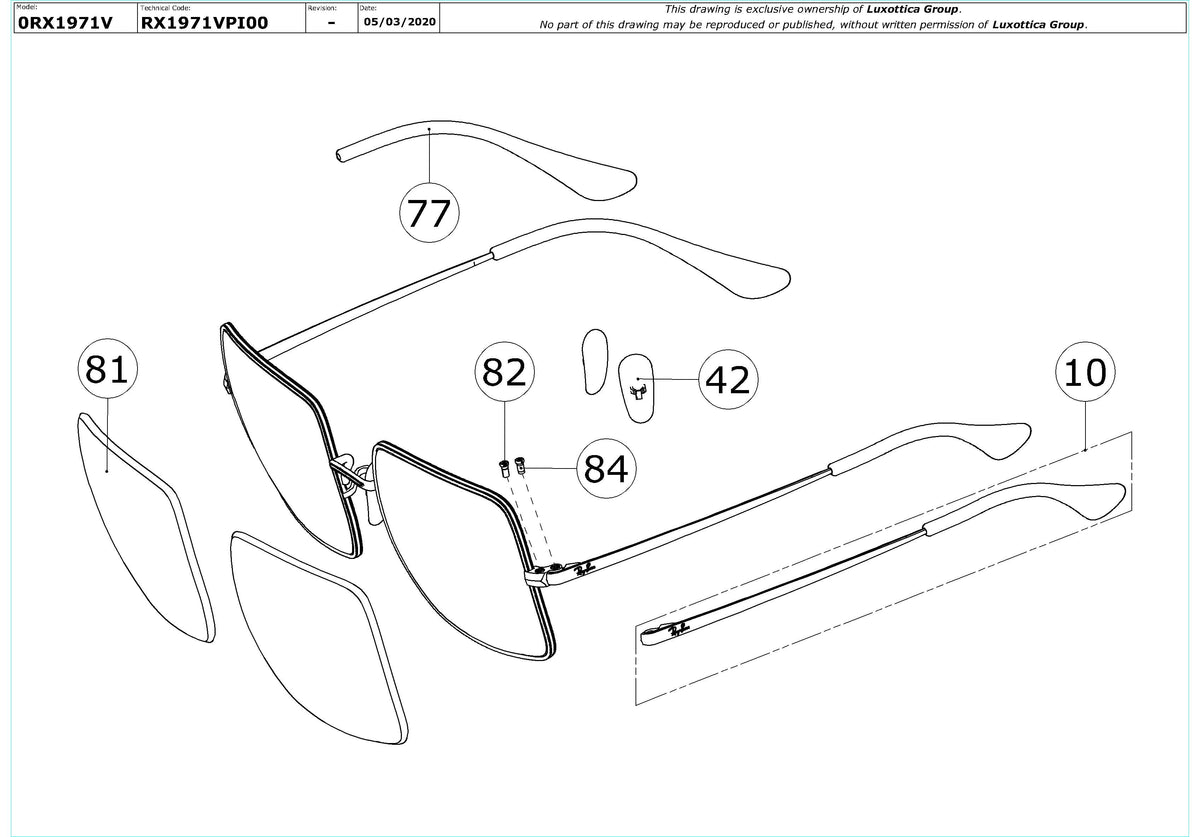 Exploded technical drawing of the Ray-Ban Square RX1971V Glasses Replacement Parts, with each replacement part numbered