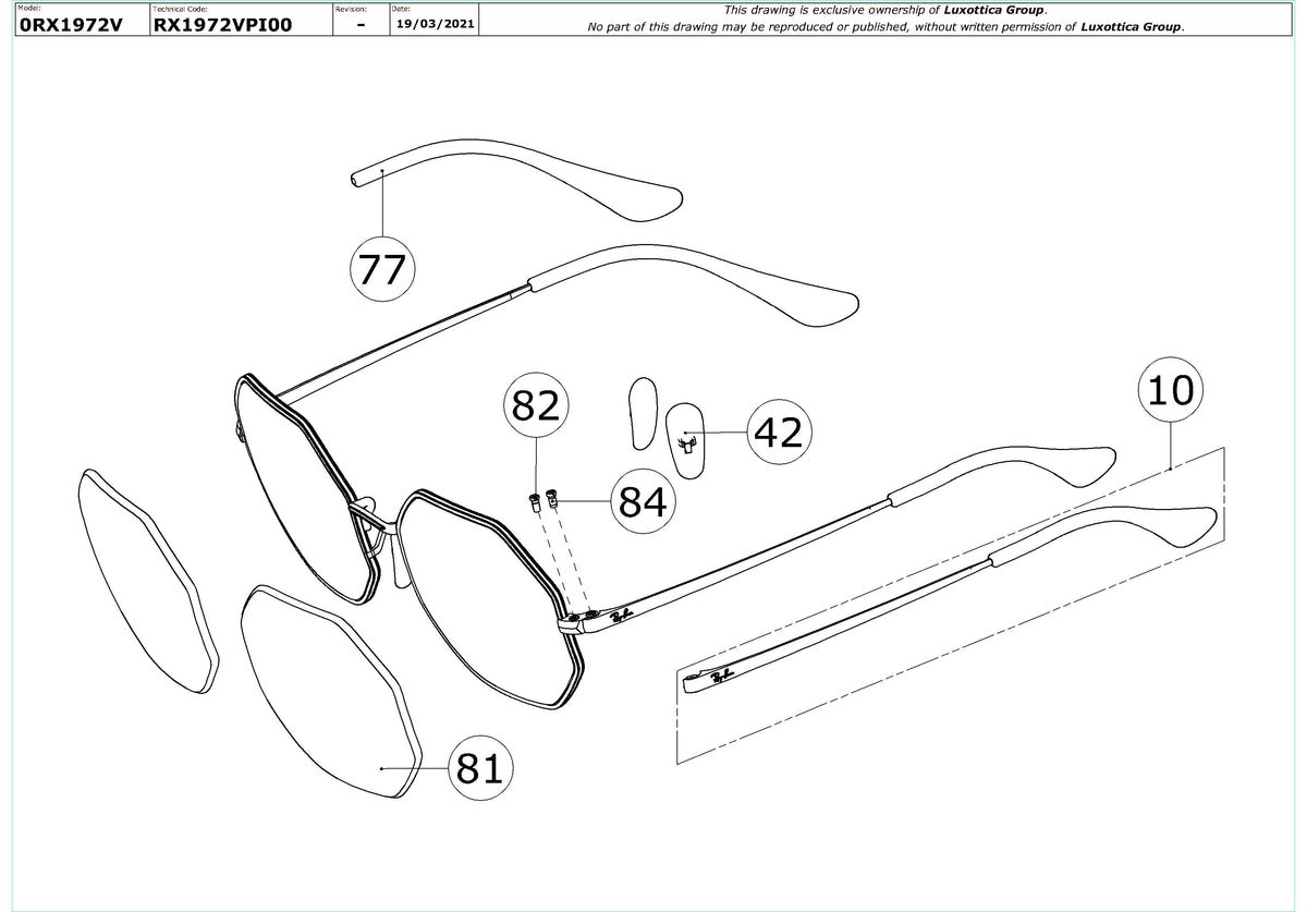 Exploded technical drawing of the Ray-Ban Octagon RX1972V Glasses Replacement Parts, with each replacement part numbered