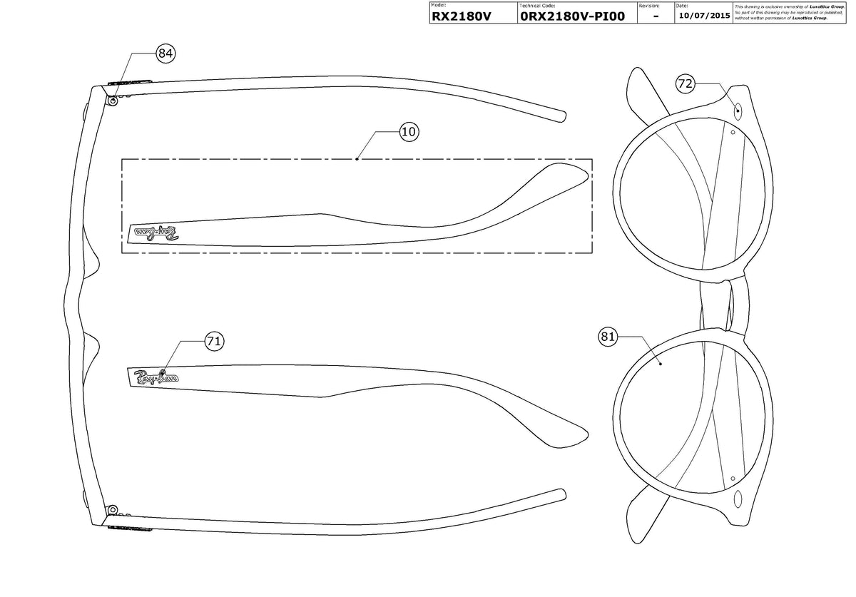Exploded technical drawing of the Ray-Ban RX2180V Glasses Replacement Parts, with each replacement part numbered