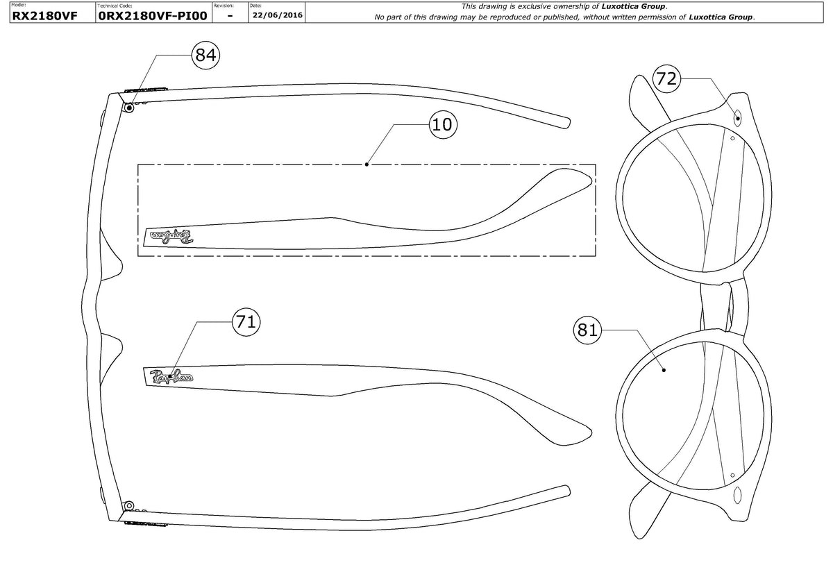 Exploded technical drawing of the Ray-Ban RX2180VF Glasses Replacement Parts, with each replacement part numbered