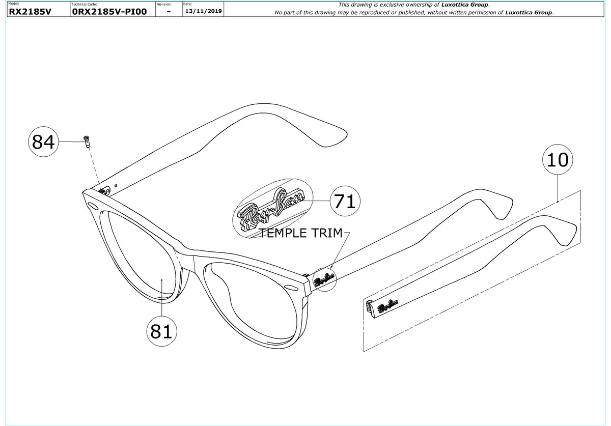 Exploded technical drawing of the Ray-Ban Wayfarer II RX2185V Glasses Replacement Parts, with each replacement part numbered
