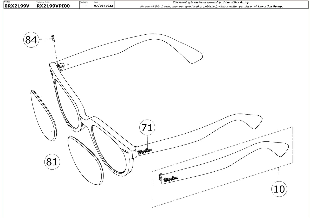Enlarged technical drawing of the Ray-Ban RX2199V Glasses Replacement Parts