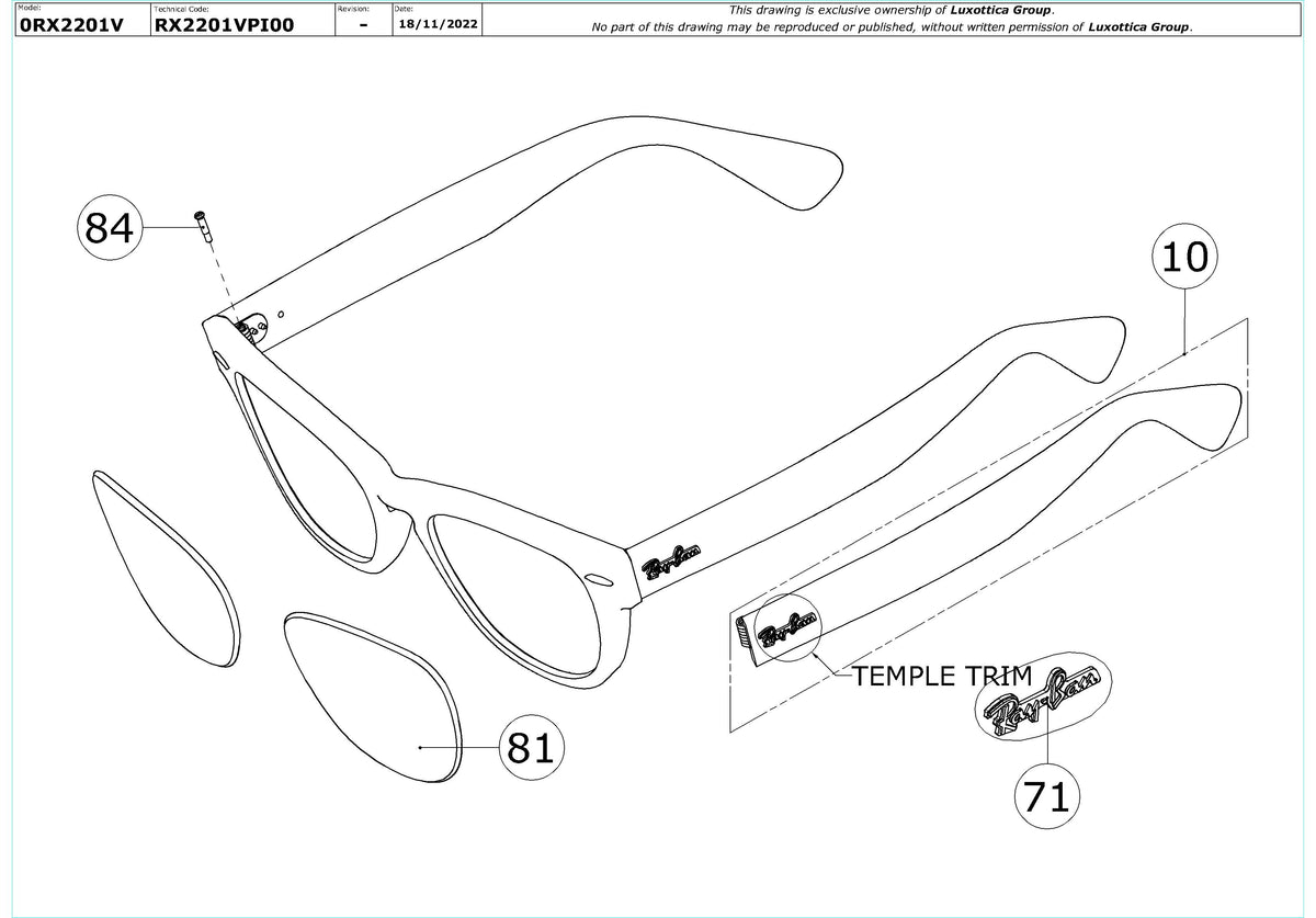 Enlarged technical drawing of the Ray-Ban Laramie RX2201V Glasses Replacement Parts