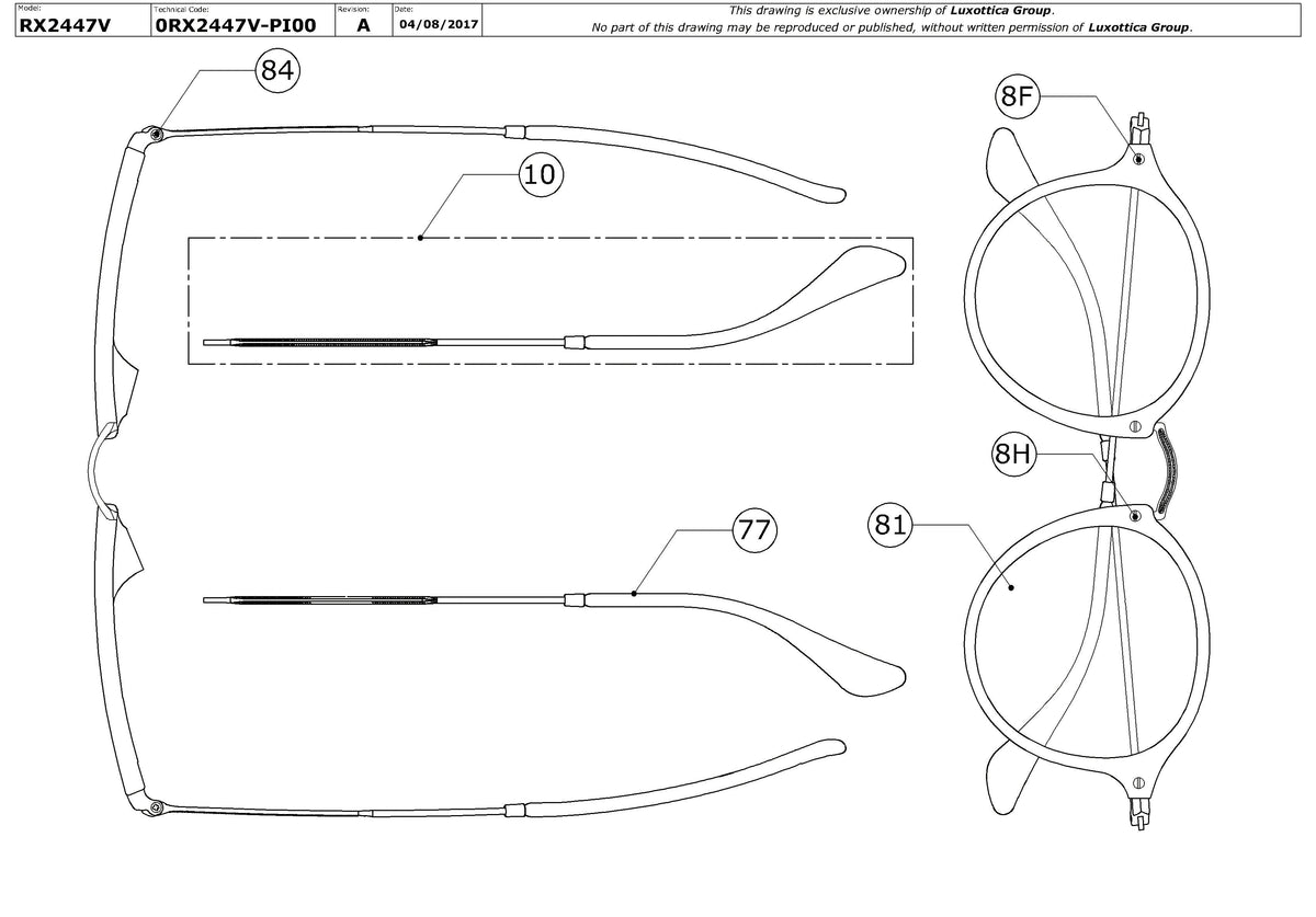Enlarged technical drawing of the Ray-Ban Round RX2447V Glasses Replacement Parts