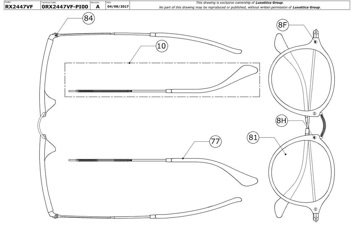 Exploded technical drawing of the Ray-Ban Round RX2447VF Glasses Replacement Parts, with each replacement part numbered