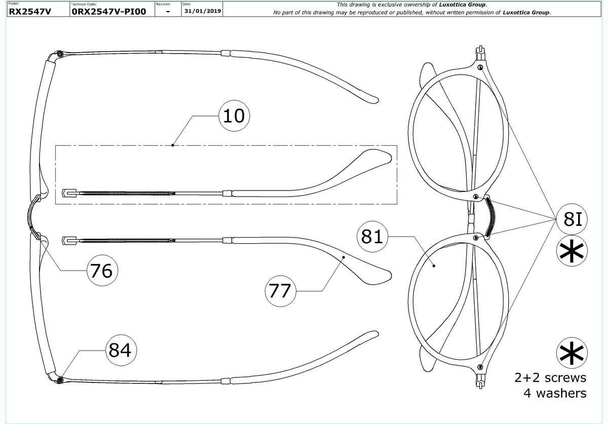 Enlarged technical drawing of the Ray-Ban RX2547V Glasses Replacement Parts