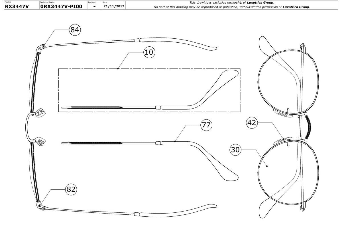 Enlarged technical drawing of the Ray-Ban Round Metal RX3447V Glasses Replacement Parts
