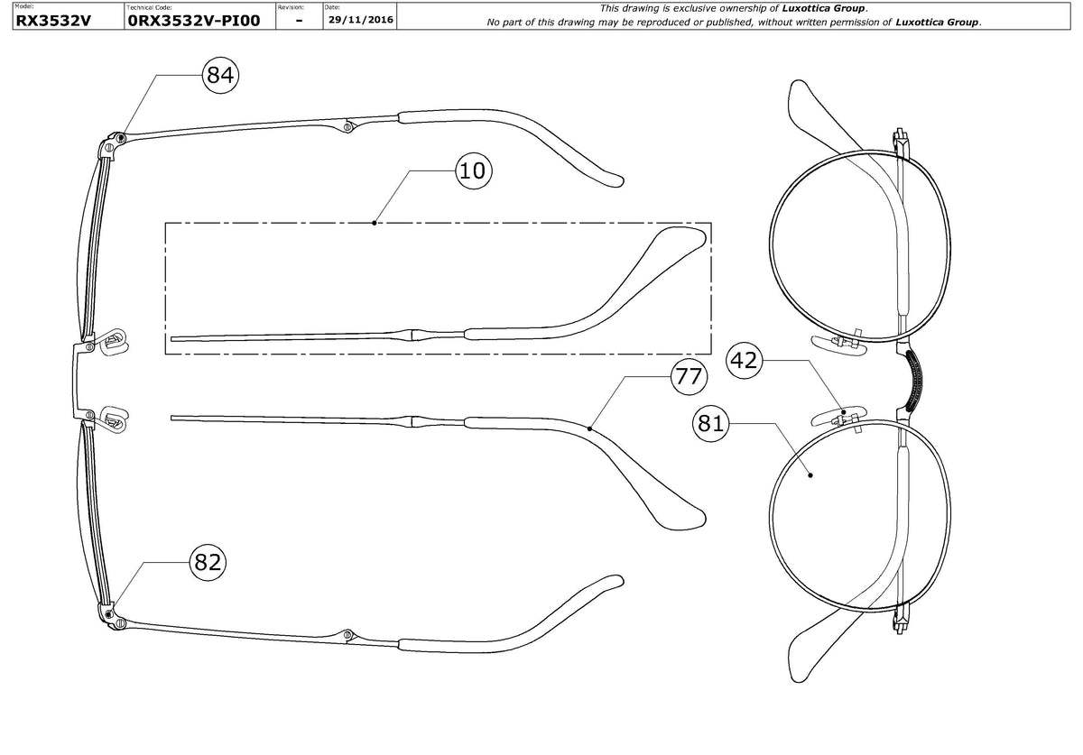 Enlarged technical drawing of the Ray-Ban RX3532V Glasses Replacement Parts
