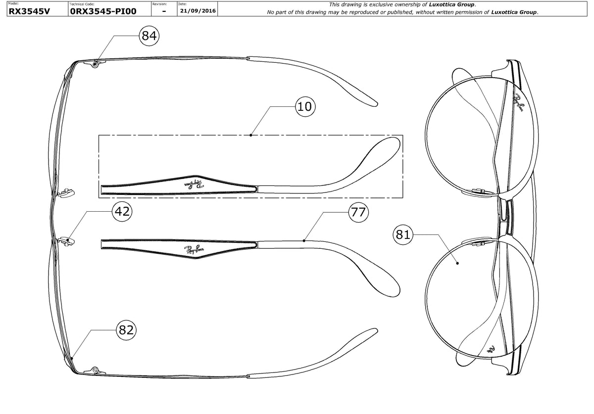 Enlarged technical drawing of the Ray-Ban RX3545V Glasses Replacement Parts