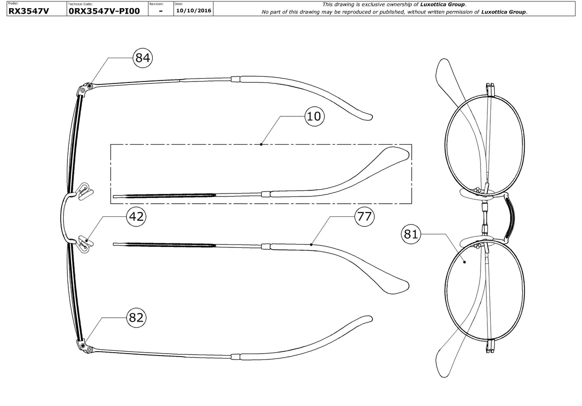 Enlarged technical drawing of the Ray-Ban Oval RX3547V Glasses Replacement Parts