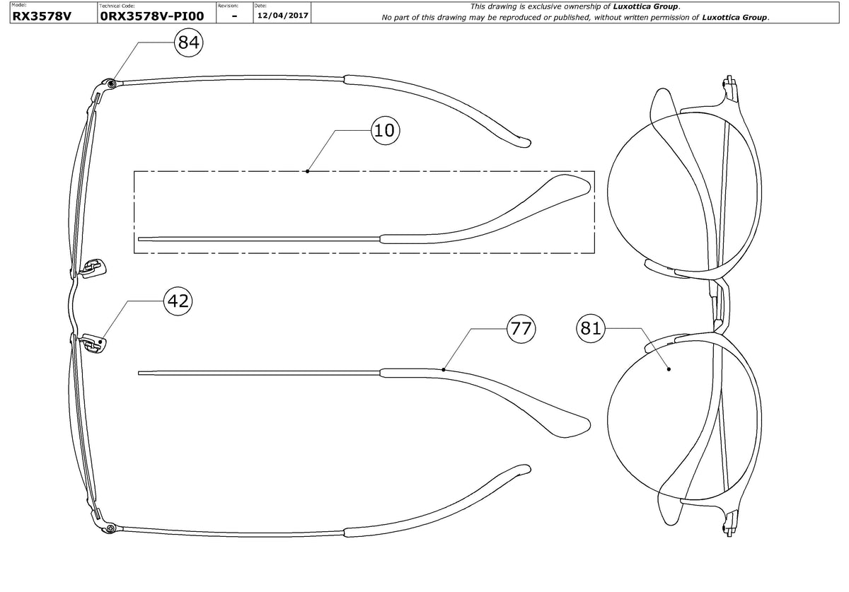 Enlarged technical drawing of the Ray-Ban RX3578V Glasses Replacement Parts