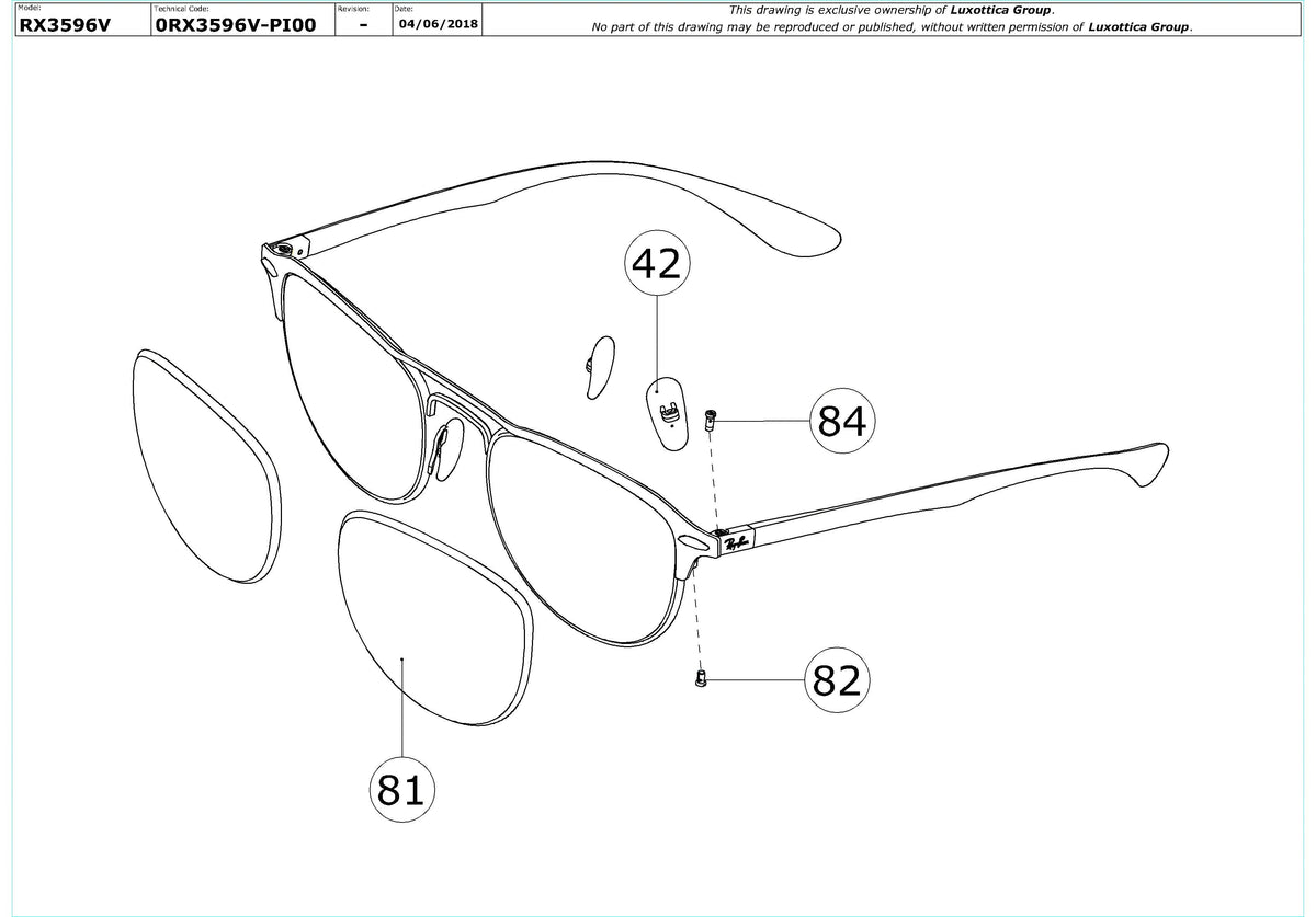 Exploded technical drawing of the Ray-Ban RX3596V Glasses Replacement Parts, with each replacement part numbered