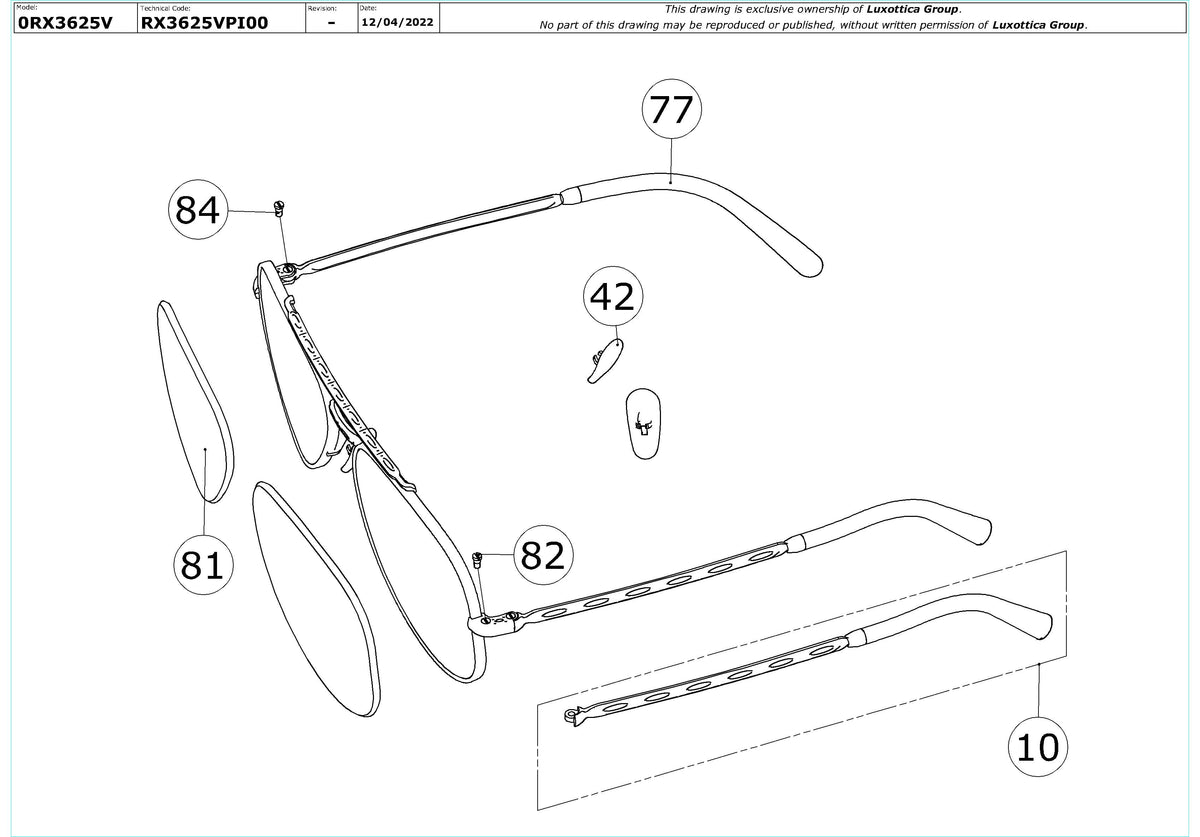 Enlarged technical drawing of the Ray-Ban New Aviator RX3625V Glasses Replacement Parts