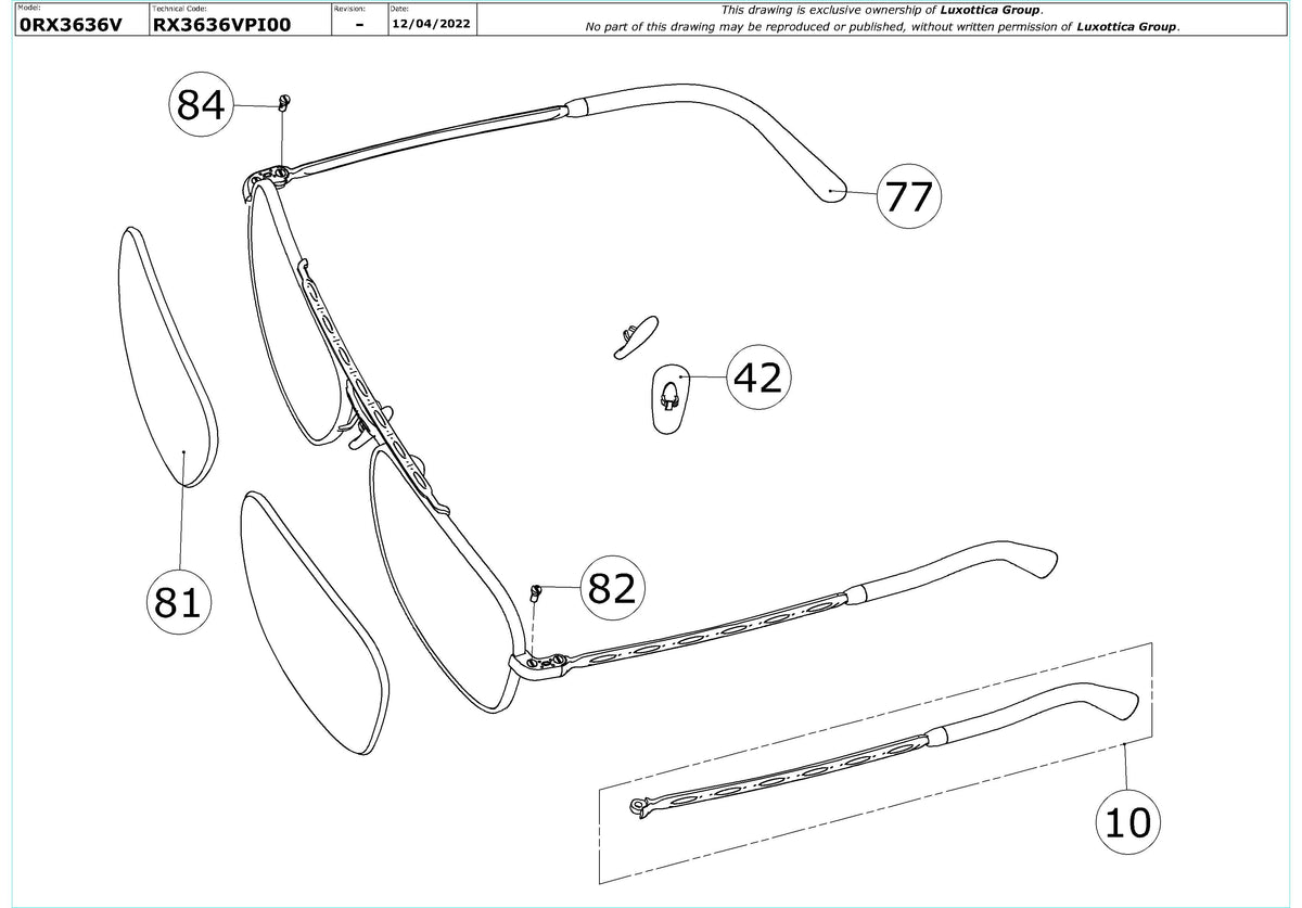 Exploded technical drawing of the Ray-Ban New Caravan RX3636V Glasses Replacement Parts, with each replacement part numbered