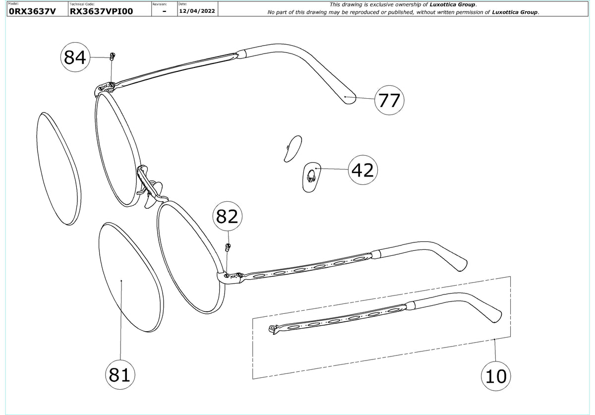 Enlarged technical drawing of the Ray-Ban New Round RX3637V Glasses Replacement Parts