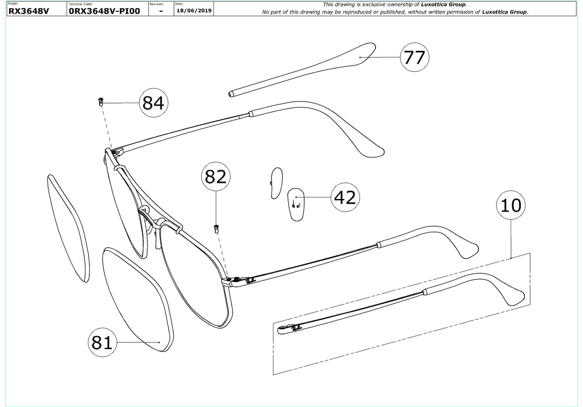 Enlarged technical drawing of the Ray-Ban The Marshal RX3648V Glasses Replacement Parts
