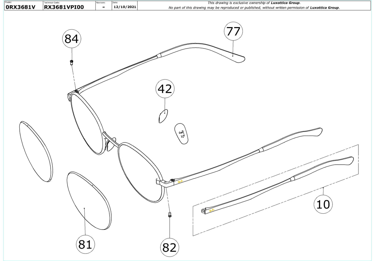 Enlarged technical drawing of the Ray-Ban RX3681V Glasses Replacement Parts
