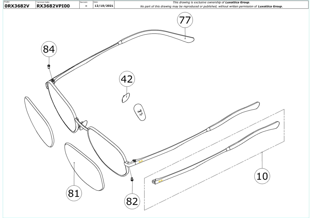 Exploded technical drawing of the Ray-Ban RX3682V Glasses Replacement Parts, with each replacement part numbered