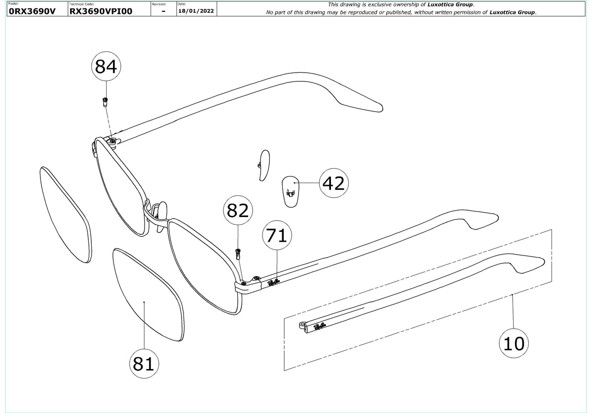 Enlarged technical drawing of the Ray-Ban RX3690V Glasses Replacement Parts