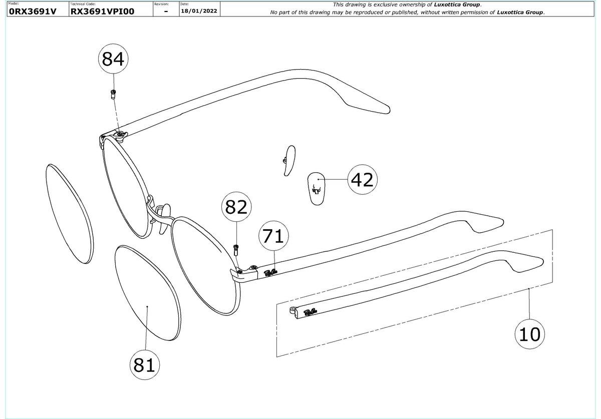 Enlarged technical drawing of the Ray-Ban RX3691V Glasses Replacement Parts