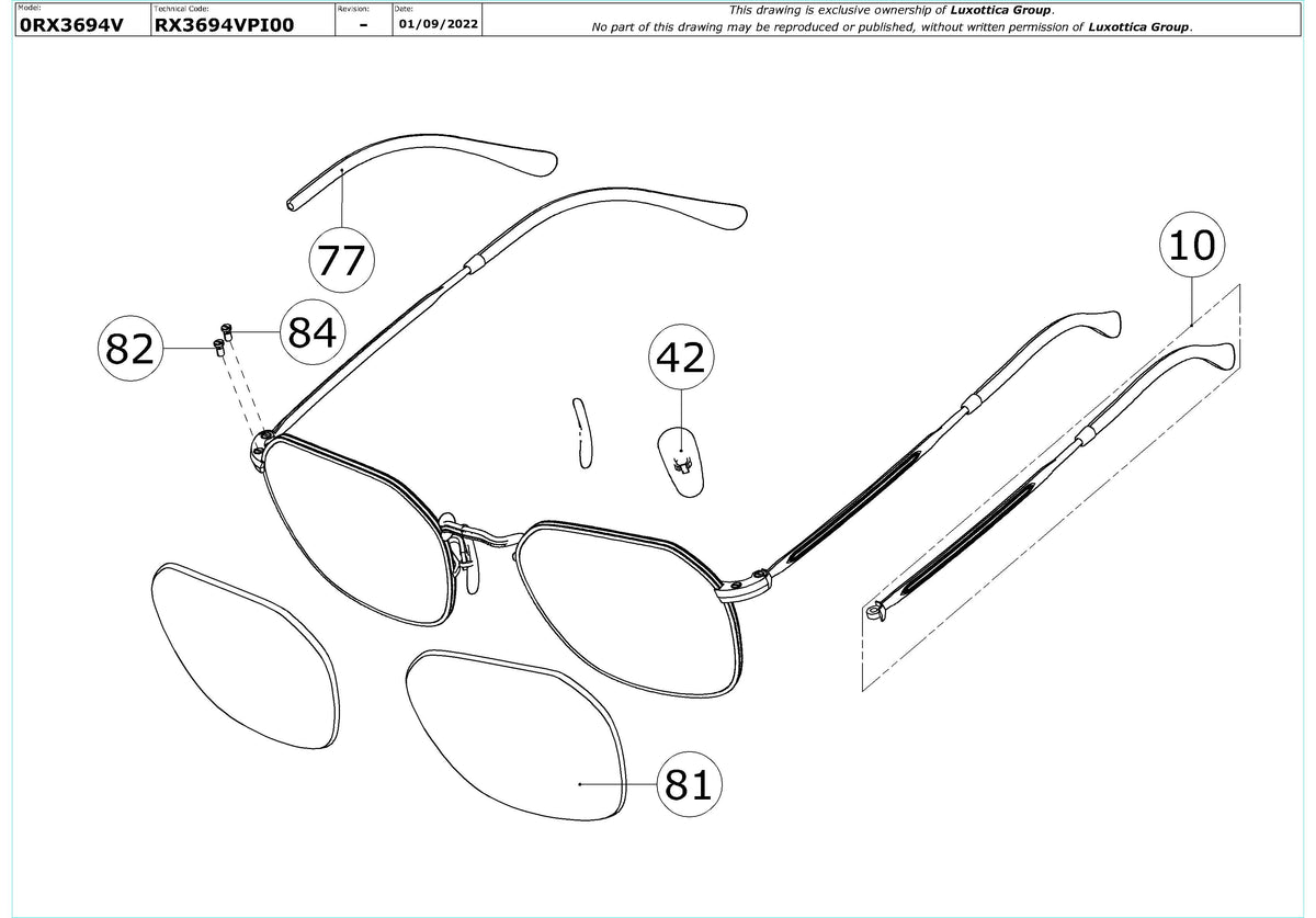 Exploded technical drawing of the Ray-Ban Jim RX3694V Glasses Replacement Parts, with each replacement part numbered