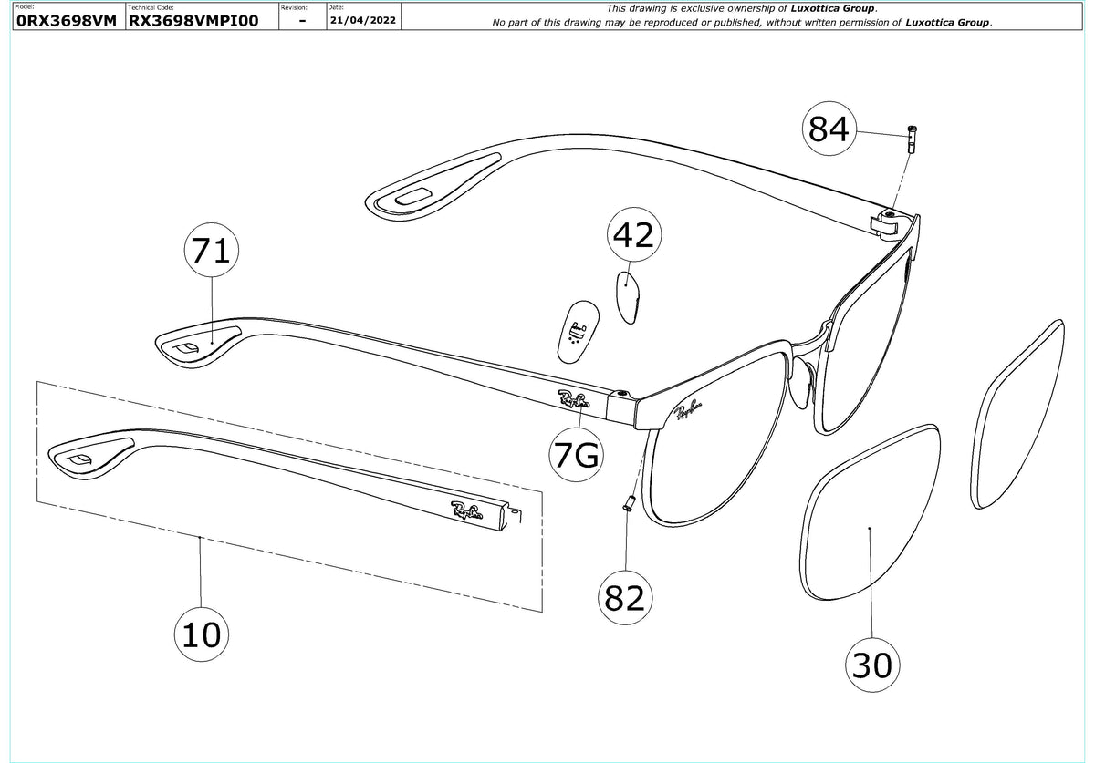 Enlarged technical drawing of the Ray-Ban RX3698VM Glasses Replacement Parts